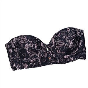 Cute Bond-Eye pink and black lace bikini top size 10